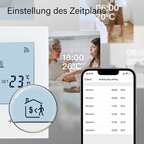Termostat inteligent Beok WiFi pentru incalzire, centrala termica si incalzire in pardoseala, termostat de ambient programabil cu LCD digital, 3A, TDR89W-WIFI-WPB, alb