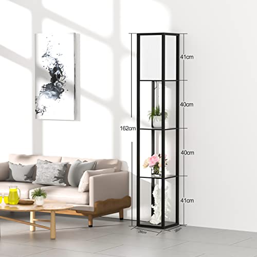 Lampa de podea cu rafturi LED + E27, abajur textil alb - Negru