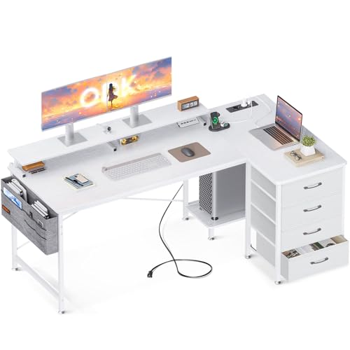 Birou in forma L 160x80 cm ODK, 4 sertare, USB si prize pentru organizare