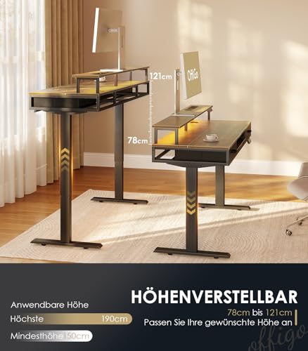 Birou electric reglabil 120 cm cu sertare OFFIGO, priza si bara lumina