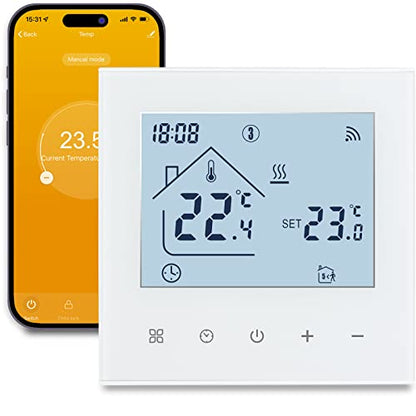 Termostat inteligent Beok WiFi pentru incalzire, centrala termica si incalzire in pardoseala, termostat de ambient programabil cu LCD digital, 3A, TDR89W-WIFI-WPB, alb