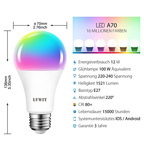 Bec smart E27 A70 LVWIT 12W 1521lm RGBCW WiFi Alexa Tuya, set 4