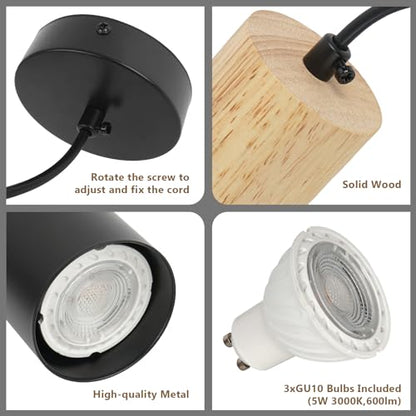 Lampa suspendata LED, Set 3 pendule VONCI, 3 becuri GU10 incluse, Ideala pentru Dormitor, Living, 20 cm, Negru