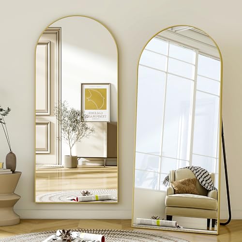 Oglinda podea curbata 181x63 cm BEAUTYPEAK, stand si montaj perete, auriu