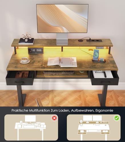 Birou electric reglabil 120 cm cu sertare OFFIGO, priza si bara lumina