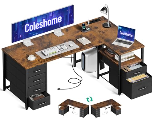 Birou de colt reversibil 140x80cm Coleshome cu sertare textile si USB