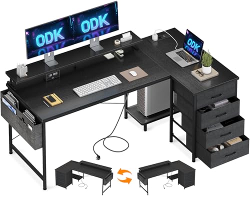 Birou colt L 160x80 cu sertare ODK + USB si priza, raft monitor, negru