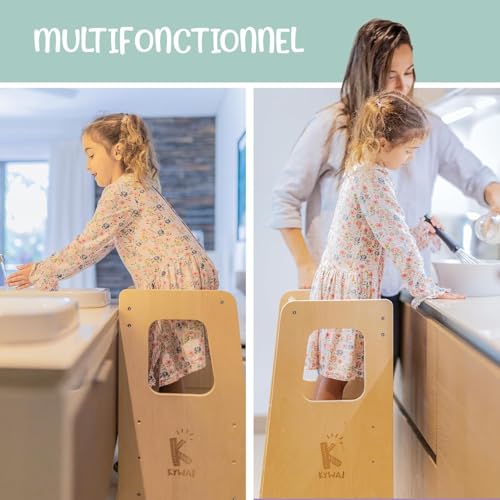 Turn de invatare Montessori din lemn KYWAI, scaunel pentru copii 1 an, turn educational, alb