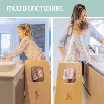 Turn de invatare Montessori din lemn KYWAI, scaunel pentru copii 1 an, turn educational, alb