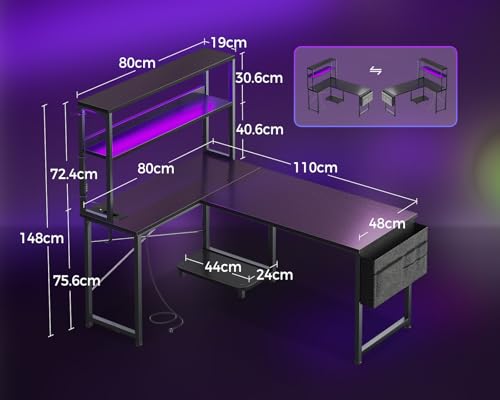 Birou gaming colt 110x80 reversibil Coleshome cu LED, prize si rafturi
