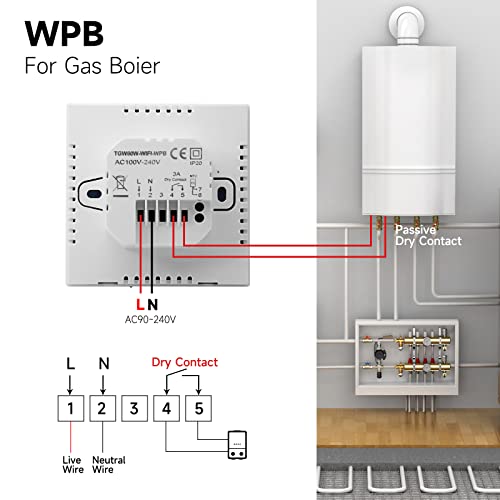 Termostat inteligent Beok WiFi pentru centrala termica, control Tuya, programabil, termostat digital wireless cu ecran tactil LCD, montaj pe perete, TGW60W-WIFI-WPB, alb