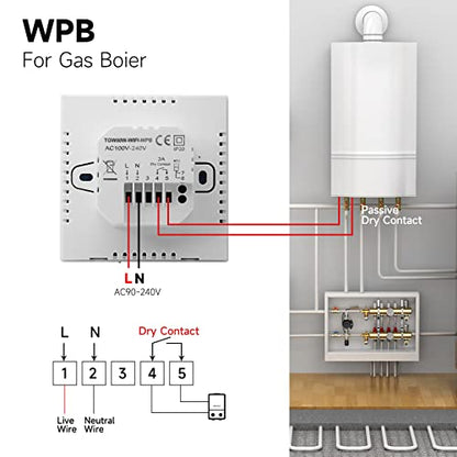 Termostat inteligent Beok WiFi pentru centrala termica, control Tuya, programabil, termostat digital wireless cu ecran tactil LCD, montaj pe perete, TGW60W-WIFI-WPB, alb