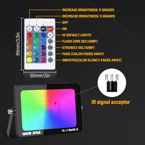Proiectoare LED RGB 100W exterior 2 pack RIGIDON + telecomanda IP66
