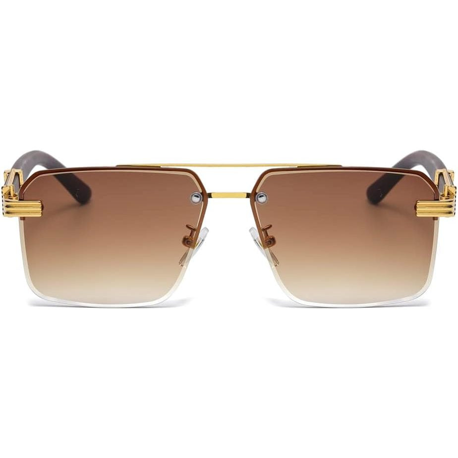 kachawoo Flattop Sunglasses with Tattoo Pattern Legs Decorative Large Sunglasses Rimless Rectangular Shades Unisex, Gold With Brown