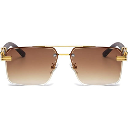 kachawoo Flattop Sunglasses with Tattoo Pattern Legs Decorative Large Sunglasses Rimless Rectangular Shades Unisex, Gold With Brown