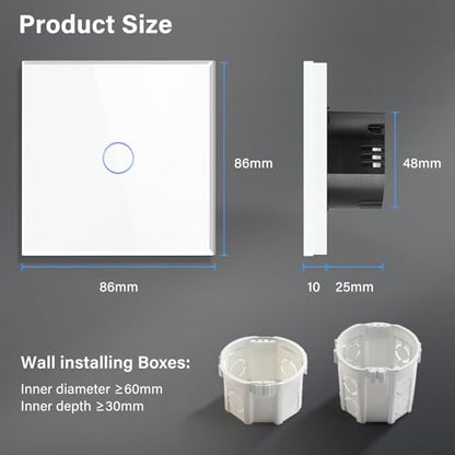 Intrerupator touch simplu 2-way BSEED, sticla securizata, LED alb