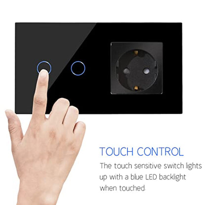 Intrerupator Dimmer touch dublu cu priza Schuko CNBINGO, sticla neagra, LED status