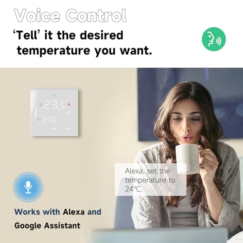 Termostat inteligent Beok WiFi pentru centrala termica, control Tuya, programabil, termostat digital wireless cu ecran tactil LCD, montaj pe perete, TGW60W-WIFI-WPB, alb