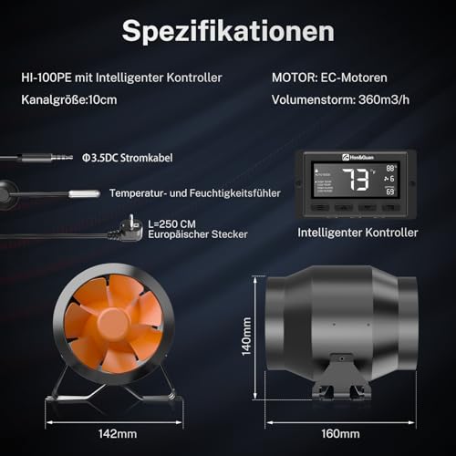 Ventilator de tub Hon&Guan EC 100 mm, 360 m³/h, cu regulator inteligent de temperatura si umiditate, control viteza, stecher EU, pentru grow tent, sera, filtru carbon activ, imprimanta 3D
