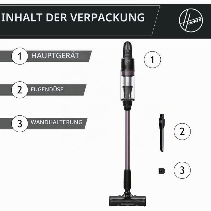 Aspirator vertical fara fir Hoover HF1P10H, 40 AW, ecran LED, negru/violet pastel