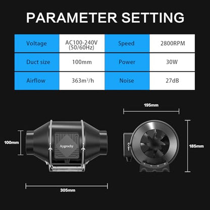 Aygrochy ventilator extractor de tub 100 mm WiFi, motor EC 30 W, 363 m3/h, 2800 rpm, control temperatura si umiditate din aplicatie, pentru ventilatie si extractie fum