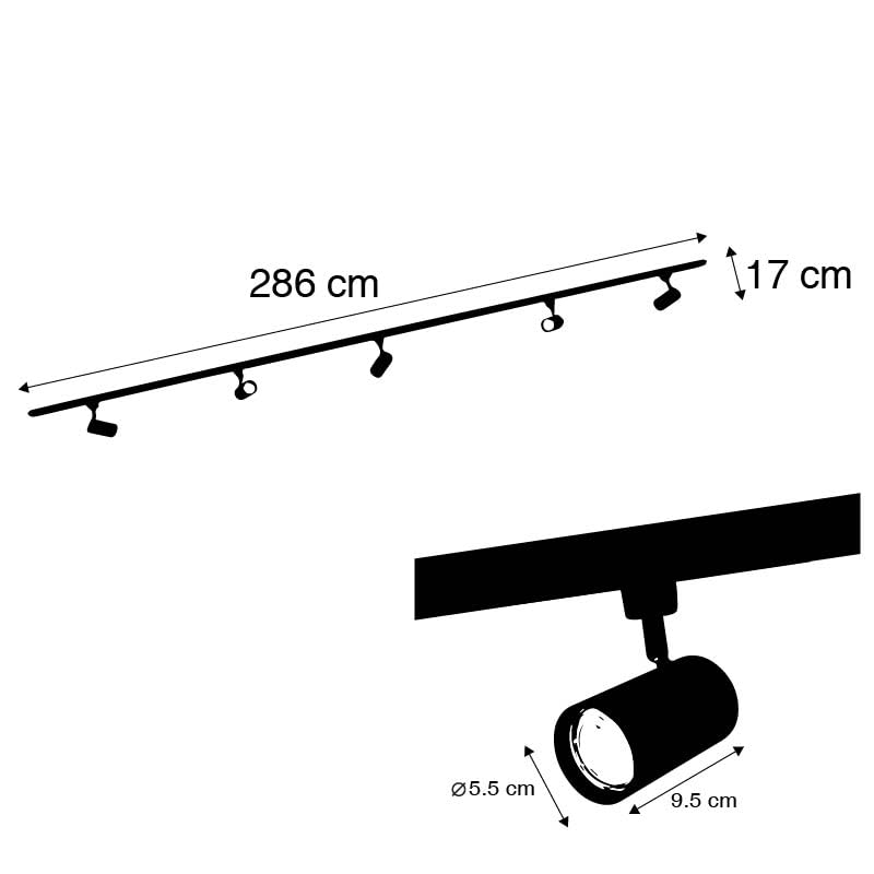 Spot tavan pe sina QAZQA Jeana, sistem iluminat 1 faza cu 3 spoturi, negru cu auriu/alama, pentru living si dormitor, iluminat interior modern