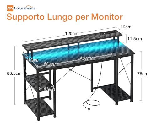 Birou gaming 120x50 cm cu LED si USB/Prize Coleshome, suport monitor