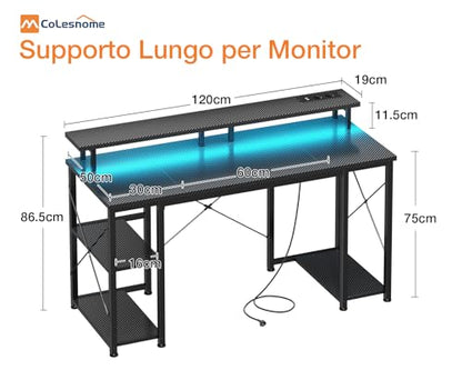 Birou gaming 120x50 cm cu LED si USB/Prize Coleshome, suport monitor
