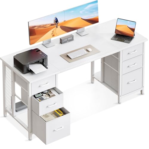 Birou cu 6 sertare 160x52 cm Coleshome, prize si USB, alb