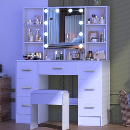 Masa toaleta cu oglinda LED si taburet + 10 LED, 7 sertare, spatii ascunse