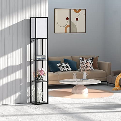 Lampa de podea cu rafturi LED + E27, abajur textil alb - Negru