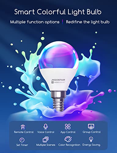 Bec smart G45 E14 6.5W (set 6) + Aigostar + RGBCW, control vocal si din