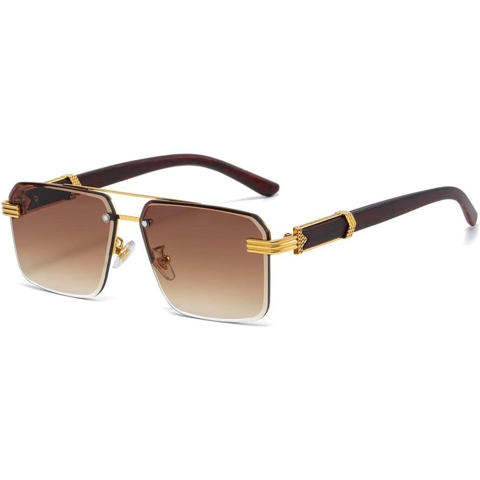 kachawoo Flattop Sunglasses with Tattoo Pattern Legs Decorative Large Sunglasses Rimless Rectangular Shades Unisex, Gold With Brown