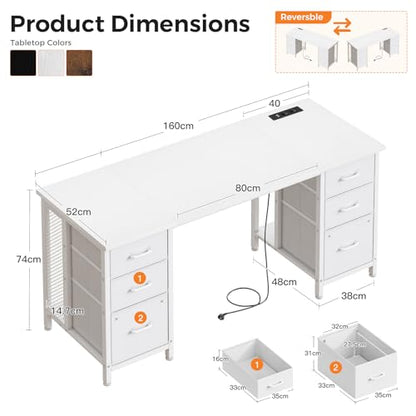 Birou cu 6 sertare 160x52 cm Coleshome, prize si USB, alb