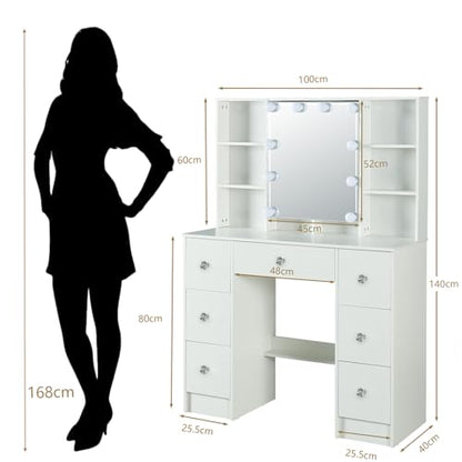 Masa pentru machiaj cu oglinda si lumini LED, luminozitate reglabila, 7 sertare si 6 rafturi, masa machiaj moderna pentru dormitor, alba 100 x 40 x 140 cm