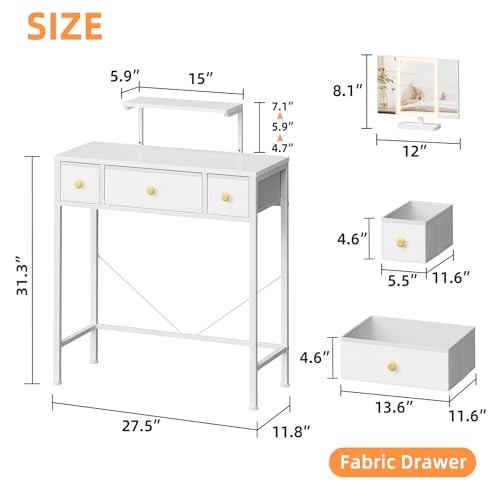 Masa toaleta 30x70 cm cu oglinda si lumini + 3 sertare textil, alba