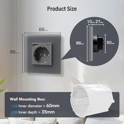 Priza Schuko 20W USB-C 3in1 BSEED, sticla gri, incarcare rapida