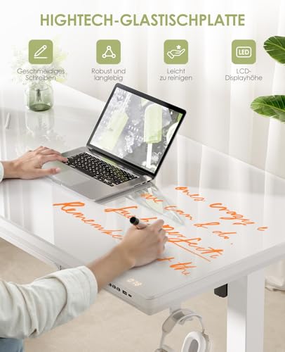 Birou electric reglabil pe inaltime OffiGo Glass, 120x60 cm, blat din sticla, sertar, USB si Type-C, alb
