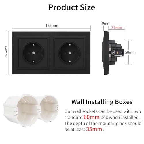 Priza dubla Schuko 16A negru mat Smooth Skin, 250V, 155x84 mm