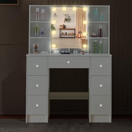 Masa pentru machiaj cu oglinda si lumini LED, luminozitate reglabila, 7 sertare si 6 rafturi, masa machiaj moderna pentru dormitor, alba 100 x 40 x 140 cm