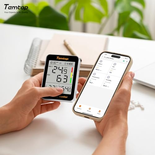 Monitor calitate aer Temtop S1+, senzor PM2.5 cu Bluetooth, termohigrometru digital pentru interior, monitor umiditate si temperatura pentru casa, birou, dormitor sau living