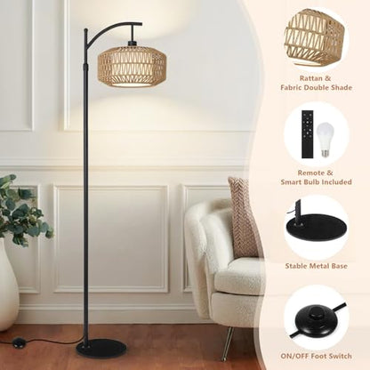 Lampa de podea cu abajur ratan, boho, dimabila, cu telecomanda si control din aplicatie, neagra, pentru living, dormitor si birou