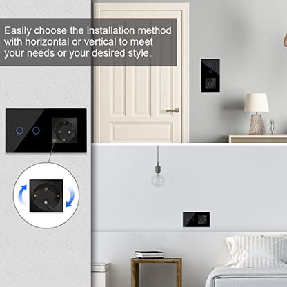 Intrerupator Dimmer touch dublu cu priza Schuko CNBINGO, sticla neagra, LED status