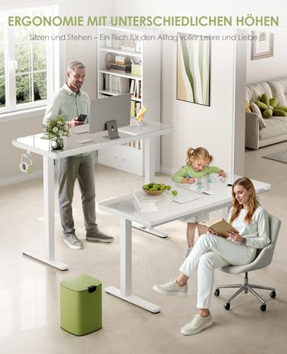 Birou electric reglabil pe inaltime OffiGo Glass, 120x60 cm, blat din sticla, sertar, USB si Type-C, alb