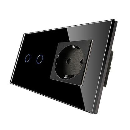 Intrerupator Dimmer touch dublu cu priza Schuko CNBINGO, sticla neagra, LED status