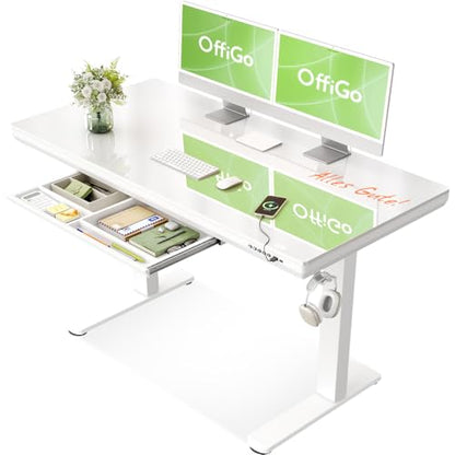 Birou electric reglabil pe inaltime OffiGo Glass, 120x60 cm, blat din sticla, sertar, USB si Type-C, alb