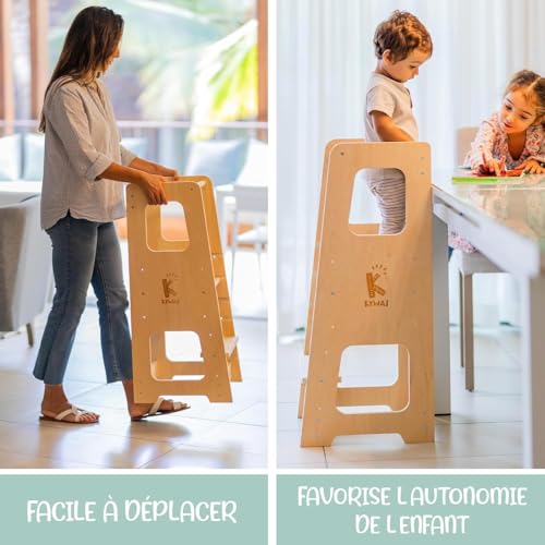 Turn de invatare Montessori din lemn KYWAI, scaunel pentru copii 1 an, turn educational, alb