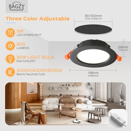 Set 6 Spot LED incastrat 9W IP44 230V negru BAGZY, 900lm, 3 culori lumina