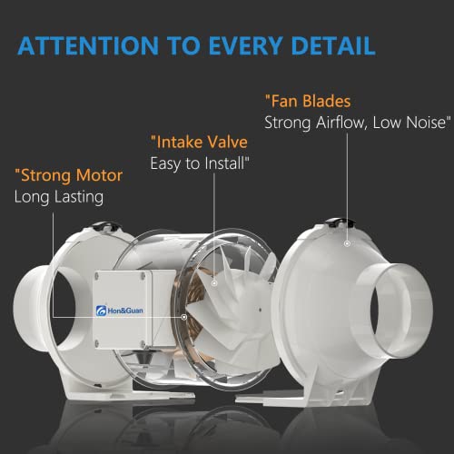 Ventilator Inline Hon&Guan 100mm silentios, debit reglabil treapta mare/mica, ventilator inline pentru baie, birou, grow tent si hidroponie
