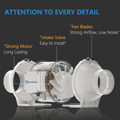 Ventilator Inline Hon&Guan 100mm silentios, debit reglabil treapta mare/mica, ventilator inline pentru baie, birou, grow tent si hidroponie